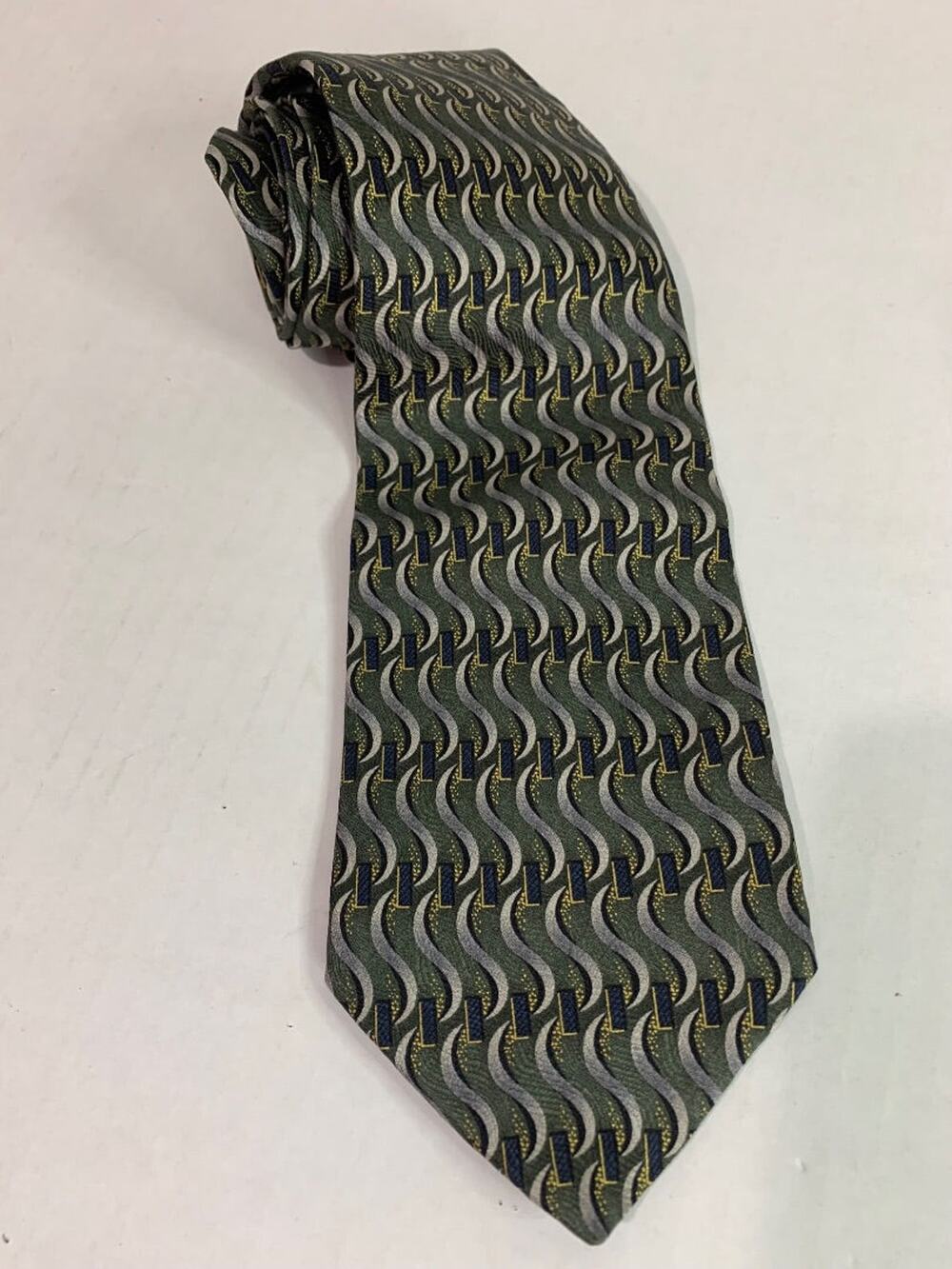 Today's Man Mens Silk Necktie 58"  Green Blue Silver Squiggles 4"